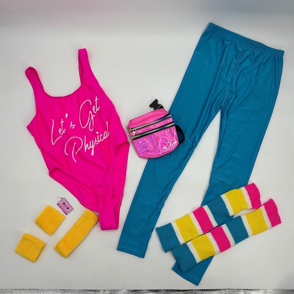 Womens 80s Workout Costume Set Lets Get Physical Pink Bodysuit Teal Leggings S